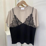 Znbbw Two Piece Ropa Mujer Contrast Lace Patchwork Tops Loose T Shirt Short Sleeve Camisetas Summer Round Neck Clothes Women