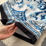 Znbbw Summer Blue and White Porcelain Print Off Shoulder Blouse Tops + High Waist Shorts Suit Runway 2 Pieces Set for Women
