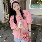 Znbbw Cute Blouses Women Korean Bandage Puff Short Sleeve Shirts Summer Vintage Kawaii Bow Lace Up Loose Casual All Match Tops