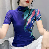 Znbbw Summer Women Half Turtleneck Short Sleeve T Shirts Lady Elastic Tops Tees Female Basic Fashion Printing Mesh T-Shirt