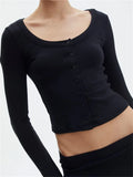 Znbbw Women Black Basic T-shirt Rib Knitted Button Up Long Sleeve Tees Vintage Cottage Y2K Fairy Grunge Crop Tops 2000s Retro Clothes