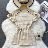 Znbbw Ruffles Short Sleeve Buttons Sweater Jumpers Girls Stretchy Chic Sweaters Pullovers Tops Women Knitted Tee Shirts