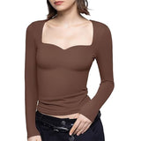 Znbbw Long Sleeve Crop Tops T-shirts for Women Spring Square Collar Solid Slim Fit y2k Casual Clothes Female Pullovers Tees Tops