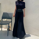 Znbbw High Waist Ruched Pants Women Spring Summer Casual Pleated Trousers Solid All Match Wide Leg Pants Fashion Bottoms