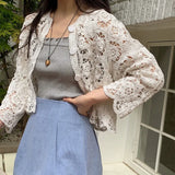 Znbbw Vintage Lace Hollow Knitted Embroidery Design Short Outerwear Cardigan Sunscreen Clothing Women's Top Thin
