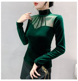 Znbbw Winter Fashion Velour T Shirts Women's Velvet Spliced Mesh Turtleneck Full Sleeve Tops Lady Stretch Slim T-shirt HF5808