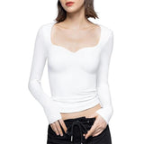 Znbbw Long Sleeve Crop Tops T-shirts for Women Spring Square Collar Solid Slim Fit y2k Casual Clothes Female Pullovers Tees Tops