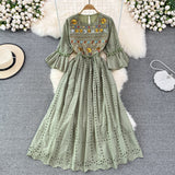 Znbbw Ethnic Style Embroidery Hollow Round Neck Trumpet Sleeve Waist A-line Dress Seaside Holiday Swing Vestidos Women D1233