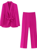 Znbbw Tops With Belt Pant Sets Women Fashion Single Button Jacket Trousers Autumn Winter Office Outfits Outwear