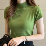 Znbbw Summer Half Turtleneck Slim Knitted T-shirt Women Elegant Solid Short Sleeve Casual Versatile Pullover Casual Skinny Tops