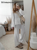 Znbbw Print Women's 2-piece Pants Set Lace Up Lantern Sleeve O-neck Top Loose High Waist Pant 2024 Spring Lady Casual Outfits