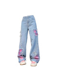 Znbbw Women's Blue Butterfly Jeans Baggy Vintage Y2k Denim Trousers 2000s Harajuku Wide Leg Cowboy Pants Trashy 90s Aesthetic Clothes