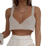 Znbbw Women Camisole Adult Solid Color Sleeveless Hollow-Out Bead Decoration Matching Vest Sling Crop Tops Basic Slim Knitted Lady Top