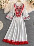 Znbbw Ethnic Style New Embroidery Dress Tassel Lace Cotton and Linen Vestidos Female V-neck Puff Sleeve Midi Dress GK857