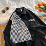 Znbbw Long Sleeve Shirt Women British BF Top Streetwear Fake Two Piece Blouse Houndstooth Unisex Spring Summer Preppy Shirts