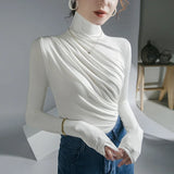 Znbbw Women Turtleneck Full Sleeve Folds T Shirts Lady High Quality Elegant Elastic Tops Tees Female T-Shirt