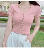 Znbbw T Shirts Women V-Neck Pearl Buttons Cropped Tshirt Tee Lady Solid Slim Cardigan Crop Top for Female
