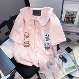 Znbbw Vintage Blouses Cartoon Embroidery Plaid Lace Up Tops Button Cardigan Summer Cute Sweet Peter Pan Collar Girl Shirts
