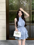 Znbbw Elegant Matching Sets Halter Sleeveless Tops High Waist Ruffles Stitching Mini Skirt Summer Fashion Design Women Clothing