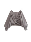 Znbbw TRAF 2023 Soild Cropped Blouse Women Crop Top Female Long Sleeve Top Woman V Neck Summer Elegant Blouses