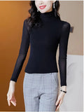 Znbbw Solid Mesh T-Shirts Tees Female Full Sleeve Turtleneck Slim Tshirt Base Simple Tops For Women Spring Fall