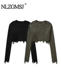 Znbbw TRAF Casual Autumn Winter Women Crop Sweater Pullovers Long Sleeve O-Neck Chic Sweater Female Slim Knit Jumper Tops