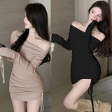 Znbbw Shoulder Long Sleeved Knitted Dress for Women's Autumn And Winter Drawstring Pleated Waist Wrap Hip Skirt