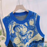 Znbbw Vintage Pullovers for Women Jacquard Sleeveless Design Aesthetics Sweater Vest Loose Autumn Winter Lazy Style Clothing