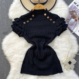 Znbbw Ruffles Short Sleeve Buttons Sweater Jumpers Girls Stretchy Chic Sweaters Pullovers Tops Women Knitted Tee Shirts