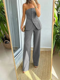 Znbbw Women's 2-piece Pants Set 2024 Spring Solid Single Breasted Split Tops High Waist Wide Leg Trousers Female Pants Sets