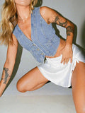Znbbw Women Basic Jean Vest 90s Y2K Tank Tops Sleeveless V Neck Button Down Denim Crop Tops Streetwear 0410