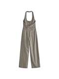 Znbbw TRAF Sexy V Neck Soild Halter Jumpsuit Women's Clothing Elegant Sleeveless Backless Casual Trousers Wide Leg Pants