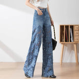 Znbbw Elegant Jeans for Women High Waist Lace Patchwork Pantalones Hollow Out Oversized Spring Casual Loose All Match Pants