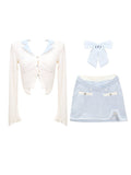 Znbbw Blue Kawaii Lolita Two Piece Skirt Set Women Bow Long Sleeve Sweet Y2k Suit Female Korean Fashion Designer Sweet Set 2024