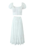 Znbbw Flower Embroidery White Dress Set Women Summer Cotton Skirt Matching Set 2 Pcs Outfits Lace Decor Holiday Beach Dress