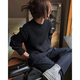 Znbbw Cropped Sweater Women Vintage Striped Knitted Pullovers Harajuku Korean Slim Knitwear Japanese Black Casual Jumper