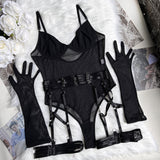 Znbbw Tight Fitting Lace Bodysuit Sexy See Through Erotic Body With Gloves Garter Night Club Outfit Sissy Crotchless Mesh Top