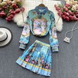 Znbbw Women Fashion Luxury Print Shirt Top + Pleated Mini Skirt New 2023 Spring Autumn Vintage Long Sleeve Buttons Party 2 Piece Sets