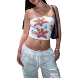 Znbbw Women Summer Strapless y2k Fairycore Floral Print Tube Tops Solid Vintage Off Shoulder Lady Sexy Slim Backless Bustiers Tops