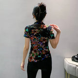 Znbbw Autumn Mesh Tshirts Women Short Sleeve Half Turtleneck Printed Floral Tees Girls Slim Elastic T Shirts Tops BH3878