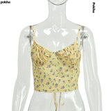 znbbw Yellow Floral Print Sleeveless Camis Crop Tops Sexy Backless Lace Up 2023 Summer Straps Cropped Top Feminino For Women