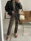 Znbbw Leopard Print Women Pants Retro High Waist Zipper Pockets Straight Trousers 2024 Spring Y2k Lady Casual Loose Denim Pant