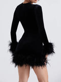 Znbbw Feather Black Women Party Dresses Spring Autumn Long Sleeve Round Neck Mini Dress 2024 Female Elegant Club Evening Vestido