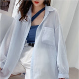 Znbbw White Transparent Chiffon Blouse Chic Women Summer Oversize Puff Long Sleeve Shirt Korean Style Cardigan Basic Sheer Top