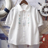Znbbw Sweet Shirts Embroidery Peter Pan Collar Button Cardigan Blouses Summer Puff Sleeve Tops Preppy Style Girl Clothing