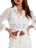 Znbbw Chic Hollowed White Shirts Women's Long Sleeve Turn-down Collar Button-down Casual Tops Streetwear Basic Slim Blouses