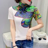 Znbbw Spring Print Tees Women Turtleneck Soft Short Sleeve T Shirts Lady Mesh Elegant Stretchy Tops Tees Female T-Shirt
