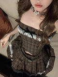 Znbbw Fashion Vintage Elegant Plaid 2 Piece Set Women Summer Lace Party Mini Skirt Suit Female Preppy Style Bow Retro Set 2024