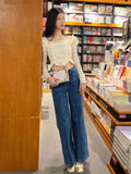 Znbbw Design Jeans Bow Patchwork Solid Color High Waist Casual Loose Pantalones De Mujer Spring Autumn All Match Clothing 2024