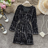 Znbbw Spring Autumn Women's Sequin V-neck Dress Long Sleeve Dress New Temperament Slim Sexy Party Dress Bottoming Dress Y245